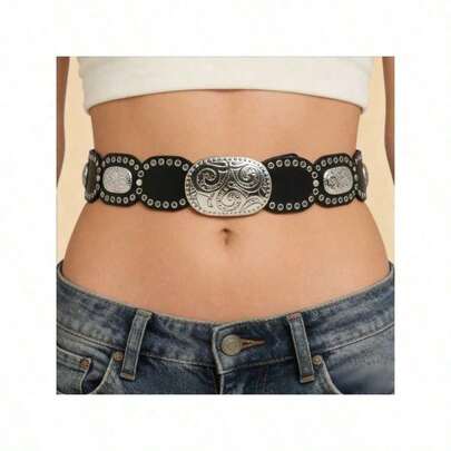 1个西部风格皮带扣，男女通用可互换牛仔裤皮带扣，时尚百搭的古铜色/金色/银色对称几何设计，适用于外套、夹克、腰带，四季皆宜。