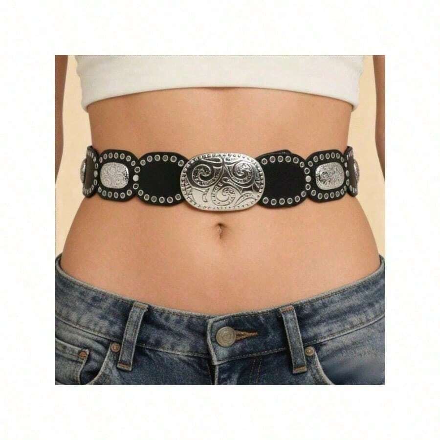 1个西部风格皮带扣，男女通用可互换牛仔裤皮带扣，时尚百搭的古铜色/金色/银色对称几何设计，适用于外套、夹克、腰带，四季皆宜。 - 銀色外貿橢圓圓餅 - 查看 1