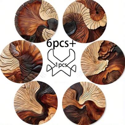 6/8pcs (With Holder) Round Wooden Coasters - 2D Printed Design, Faux Wood Grain Texture Coaster Set, 2D Flat Printing - Heat Resistant Drink Coasters, Ideal For Home Decor And Office Accessories | Perfect For Coffee Tables, Desks, Kitchens, Tabletops | Great For Back To School, Mother's Day, Valentine's Day, Wedding Season, Birthday Parties | Decorative Tableware | Best Gift For Friends
