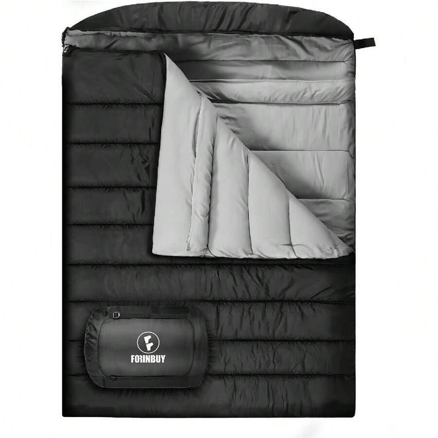 Saco de dormir doble para adultos, saco de dormir de 15 grados y 0 grados para 2 personas, para clima frío, tamaño Queen, para parejas o familiares, camping, caravanas o viajes - negro, gris (Gray-Black) - Ver 1