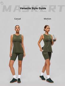 MASKERT Bộ đồ thể thao nữ 2 mảnh: Áo không tay cổ tròn (xẻ tà bên) + Quần short ôm sát, thân thiện với da và thoải mái, phù hợp cho tập thể dục và chơi tennis mùa hè. - Màu xanh Ô liu - Xem 2