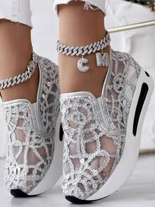 女士厚底一脚蹬运动鞋，网面亮片透气轻便防滑，2026新款舒适时尚休闲鞋，日常穿着 - 銀色 - 查看 4