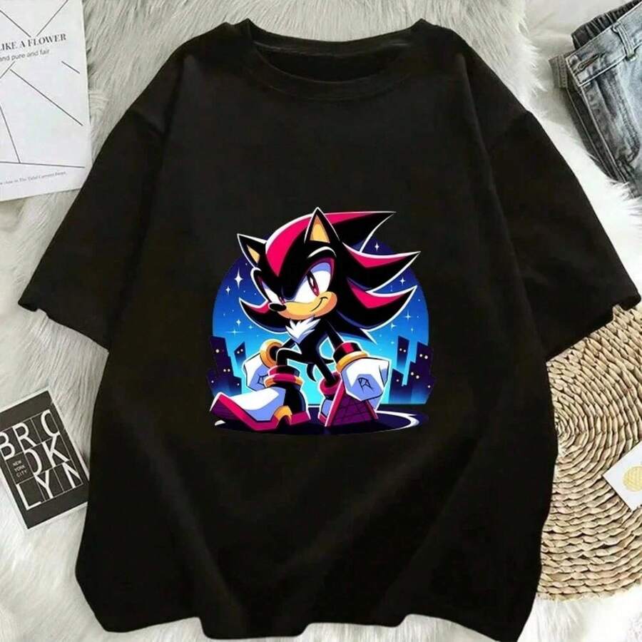 Sonics Women's T-Shirt Adult Short Sleeve Cool Comfortable Fashion Top Anime Movie Graphic Print Shirt PartyGift Fashion Y2K Top - 黑色 - 查看 1