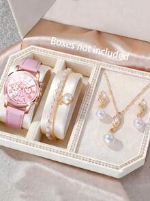 5pcs/Set Fashion Women's Round Steel Band Quartz Watch, Versatile Round Dial, Can Be Matched With Bracelets, Necklaces, Earrings And Other Jewelry To Form A Jewelry Set, Suitable For Daily Wear, Formal Events And Other Occasions, Best Gift Set For Women - Pink - View 5