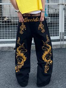 Infinite Jeans 1pc American Street Style Embroidered Men's Loose Fit Wide Leg Jeans, Comfortable Versatile Long Pants For All Seasons (Product Does Not Include Belt And Accessories) - Black - View 6