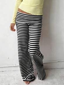Women Low Waist Loose Fit Striped Folds Over Wide Leg Pants Lounge Home Sweatpants - Đen và trắng - Xem 1