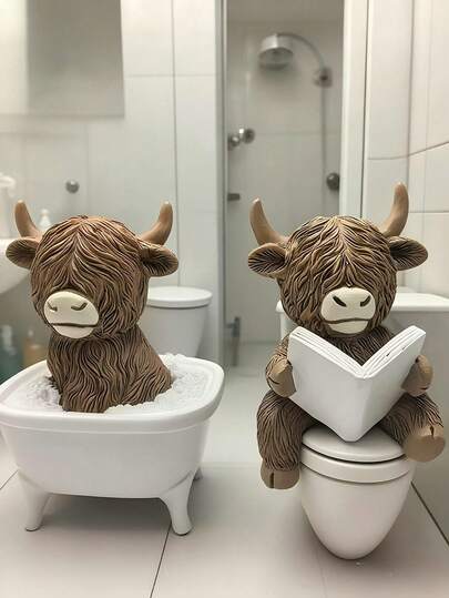 Funny Bathroom Decor - Highland Cow Reading Book Toilet Bucket Statue, Farmhouse Style Bathroom Decor, Resin Home Office Or Gift, No Electricity Needed, Humorous Design, Textured Details, Perfect For Christmas, Thanksgiving, Funny Birthday Gift