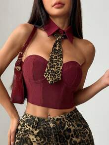 Vexica 女士性感酒红色吊带豹纹露脐上衣，露背吊带衫，适合派对、夜店、日常外出穿着 - 酒紅色 - 查看 7