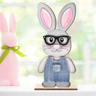1 件装 3D 复活节木质桌面装饰，复活节兔子木质桌面摆件 - 可爱的站立兔子装饰，戴着眼镜，穿着牛仔工作服，非常适合家庭聚会装饰