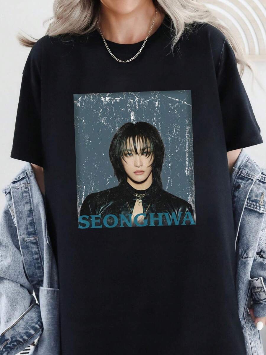 T-shirt vintage Seonghwa ATEEZ, t-shirt unisexe Kpop (1) - Noir - Voir 1