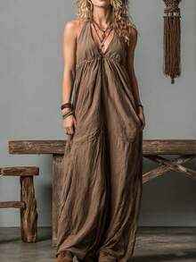 Women's Retro Bohemian Spaghetti Strap Dress - A Loose-Fitting, Sleeveless, V-Neck, Casual Maxi Dress In Brown, Perfect For Bohemian-Style Vacations. - Dark Brown - View 5