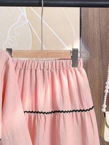 Left Mama Girls Elegant Minimalist Bow Decor Long Sleeve Top And Skirt Set, Spring/Autumn - Pink - View 7