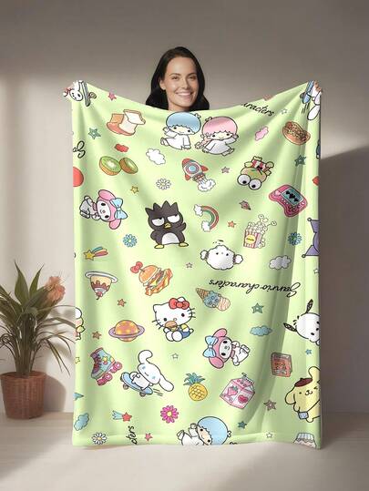  This Is A Sanrio-Themed Flannel Blanket With A Light Green Base Color. The Overall Design Features Vibrant Colors And A Dense, Whimsical Pattern, Combining Decorative And Practical Features. It Has The Characteristics Of Warmth And Softness, And Can Be Used As A Sofa Throw, Nap Blanket, Or Bedding Decoration.