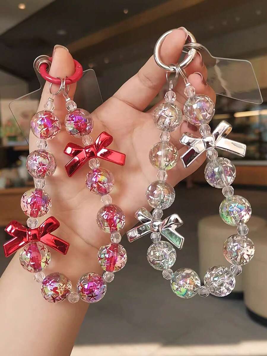 优雅蝴蝶结红金串珠手链，多功能手机挂绳，时尚新年礼物（女士）- 可作钥匙扣、耳机套、腕带 - 彩色 - 查看 1