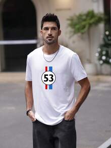 Versatile Casual Loose Fit Short Sleeve T-Shirt With Fun Racing Design Print, For Vacation, Work And Everyday Wear - BLUE AND BLACK - View 2