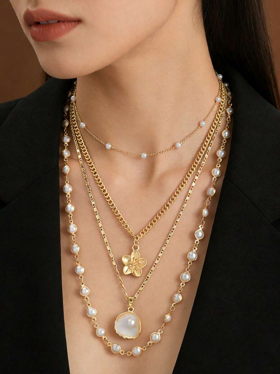 1 Set Elegant Vintage Palace Style Versatile Casual High-End Creative Shell Flower Multilayer Subtle Necklace - Multicolor - View 1