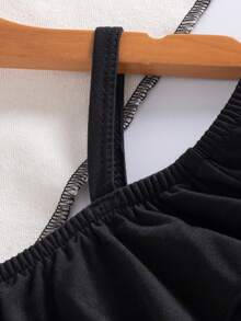 2pcs/Set Young Girl Summer Fashionable Spaghetti Strap Ruffle Off-Shoulder Top Paired With Daily Versatile Side Button Bow Shorts, Suitable For Daily, Outdoor, School, Commute, Street - Black - View 4