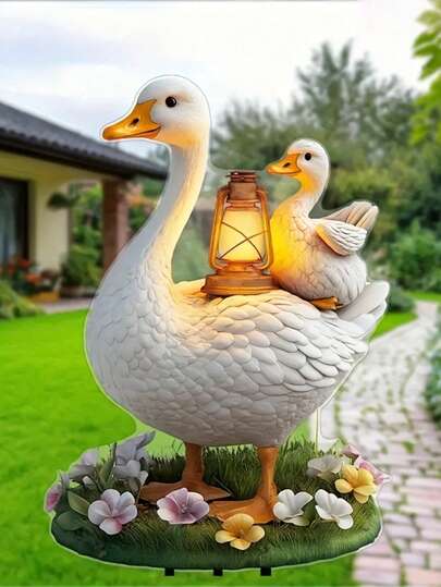 2D Flat, Mother Duck With Ducklings Garden Decor - Weatherproof Outdoor Yard Decoration With Lantern Accents, No Electricity Needed, Easy Installation - White Duck Lawn & Patio Ornament, Suitable For Christmas, Halloween, Mother's Day - Farmhouse Or Modern Home Decor - Durable Plastic Material, Handcrafted Style, Holiday Decoration, Essential For Holiday Shoppers