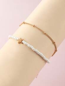 1pc Bohemian Style Star Beaded Double Layer Anklet, Women Vacation Accessory - Multicolor - View 3