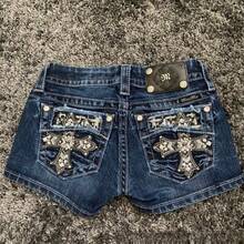 Shorts vaqueros ajustados y versátiles con bordado de patrón de calle retro, para primavera y verano - Azul - Ver 1