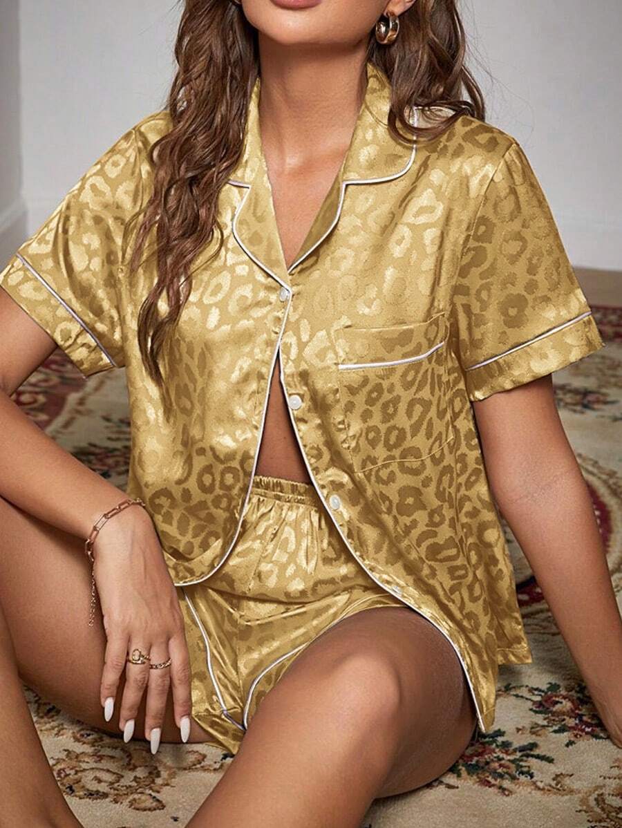 2PCS Womens Leopard Print Pajama Sets Pj Set Short Sleeve Button Down Shirt With Shorts - Vàng - Xem 1