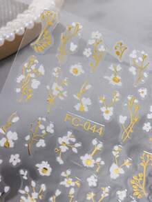 春夏白色雏菊美甲贴纸，法式风格，白色花瓣，金色线条，闪粉自粘塑料美甲贴花，半哑光，一次性使用，不规则形状，适用于玻璃表面装饰美甲用品 - 彩色 - 查看 4