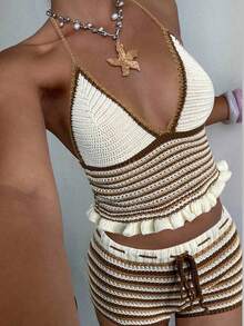 Womens Crochet Boho Striped V Neck Halter Top And Shorts Beach Cover Up Set Casual Sexy Two Pieces Outfit - Khaki - View 3