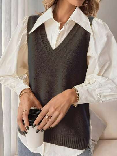 Minimalist Solid Color V-Neck Pullover Knit Vest