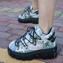 Unisex Retro Sneakers Shoes Metal Decorations Round-Toe Thick Sole Casual Shoes For Men And Women Large Size Lace-Up - 灰色 - 查看 10