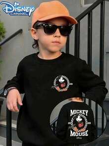 Disney Mickey Mouse Pattern Hooded Sweatshirt, Street Style, Crew Neck, Casual Summer Top, Suitable For Both Boys And Girls, Perfect For Holiday Parties, Gatherings, Outdoor Activities, And Everyday Casual Wear. - 黑色 - 查看 1