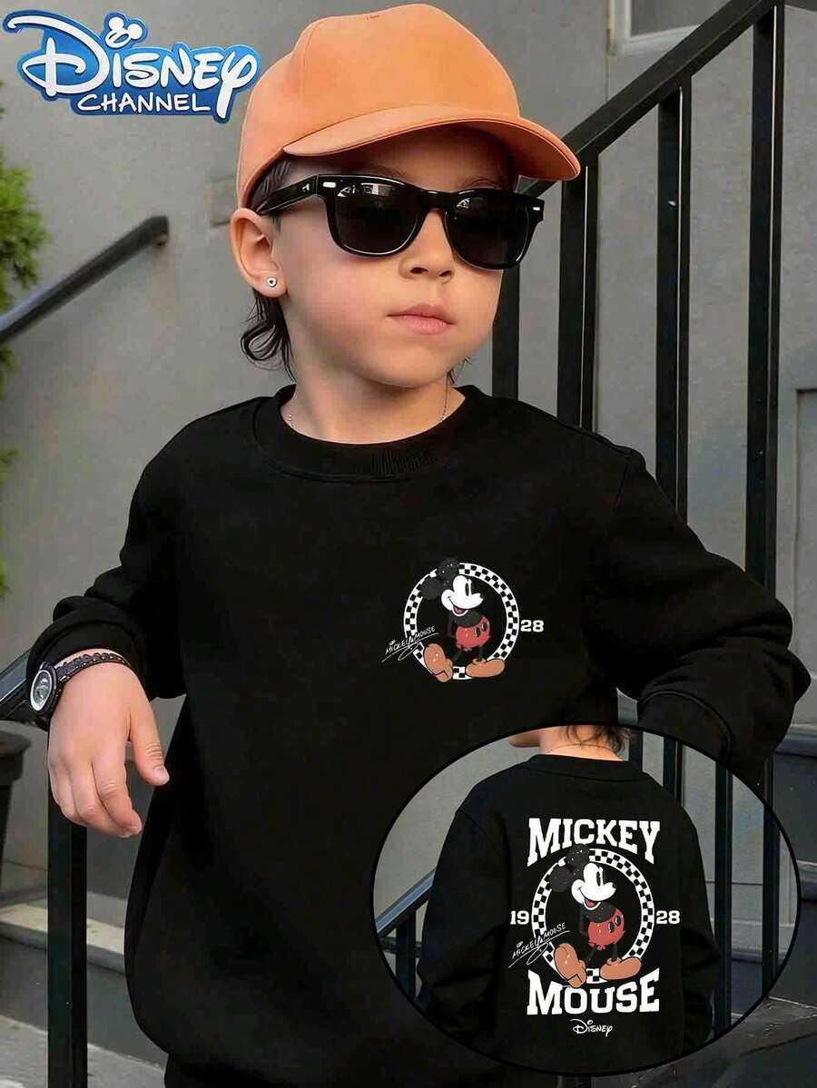 Disney Mickey Mouse Pattern Hooded Sweatshirt, Street Style, Crew Neck, Casual Summer Top, Suitable For Both Boys And Girls, Perfect For Holiday Parties, Gatherings, Outdoor Activities, And Everyday Casual Wear. - 黑色 - 查看 1