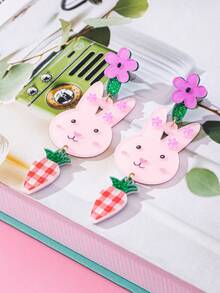 1对时尚复活节亚克力耳环，兔子和胡萝卜花朵耳钉吊坠，可爱流行的女士饰品 - 兔 - 查看 7