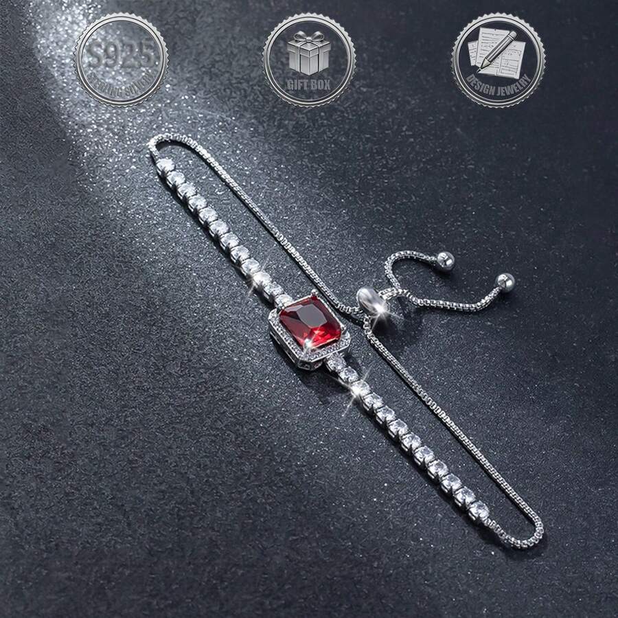 1pc Luxury Elegant Palace Style 925 Sterling Silver Geometric Cubic Zirconia Women Bracelet, Suitable For Daily, Party, Holiday, Date, Gift - Red - View 1