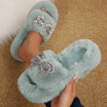 Women's Elegant Rhinestone Bow Slippers Cozy Fur Slides For Indoor And Relaxation Wear - Màu xanh lam - Xem 7