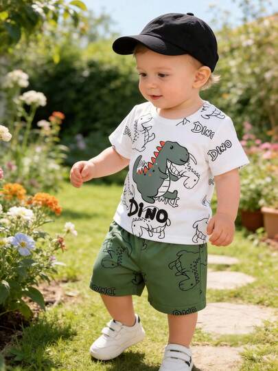 2pcs/Set Newborn Baby Boy Casual Sports Outfit, Cute Jurassic Dinosaur & Letter Print Round Neck Short Sleeve White T-Shirt Top Paired With Loose Printed Shorts Set, Spring/Summer