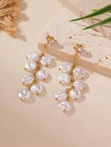 GEREIT 2pcs Minimalist Faux Pearl Tassel Long Earrings, Elegant Design, 18K Stainless Steel, Suitable For Women's Daily Wear - Gold - View 11