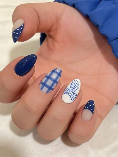 Upgrade Your Look With 24pcs Almond Shape Press On False Nails Premium Navy French White Polka Dot Nude Nail Tips Classic Blue Stripe White Plaid Cute Light Blue Bow White Nail Tips Full Coverage Fake Nail Kit For Women And Girls Includes 1sheet Adhesive Tabs & 1pc Mini Fils Strip Jelly Gel Random Shipment Nail Supplies