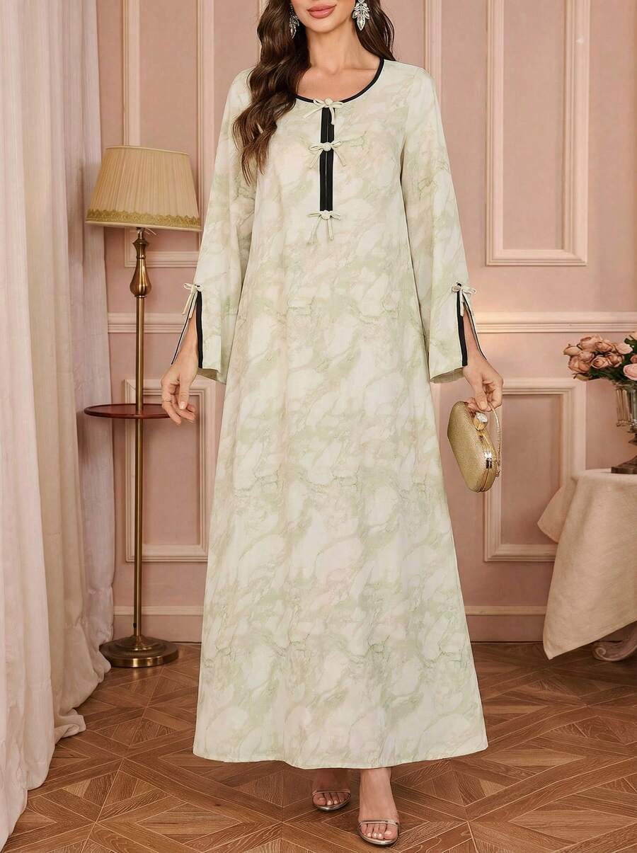 Solessence Women's Round Neck Contrast Collar Bow Decor Random Floral Print Elegant Maxi Arabic Style Dress - Apricot - View 1