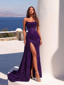ADYCE Sequin Bandeau Mermaid Backless High Slit Formal Gown, Suitable For Cocktail Parties, Galas, Wedding Guests, Formal Occasions, Graduation Ceremonies, And Date Nights, For Valentine's Day Party Spring - Violet Purple - View 3