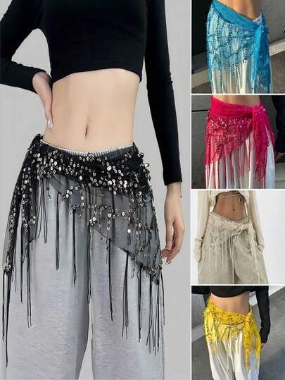 1件/2件亮片流苏爵士舞腰链，亮片流苏肚皮舞臀巾，街舞腰链，亮片三角巾，系带流苏裙，舞蹈表演配饰，适合万圣节、嘉年华舞蹈臀巾裙，适用于舞蹈、派对、舞蹈装饰配饰，爵士舞臀巾