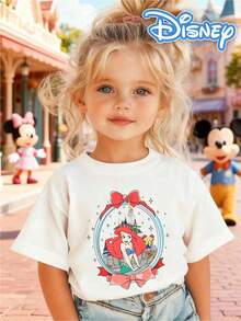 [Disney Authorized] Front: Ariel With Castle And Bow Elements Back: Ariel And Prince Eric With Flounder And Sebastian Elements And Text "PART OF YOUR WORLD" Double-Sided Print Pattern Girls' T-Shirt - Children's Clothing Design Short-Sleeve Casual Cute Style Comfortable And Relaxed Suitable For Boys And Girls, Perfect For Parties And Play Machine Washable Gift Children's Clothing Girls' Short-Sleeve Shirt - trắng - Xem 2