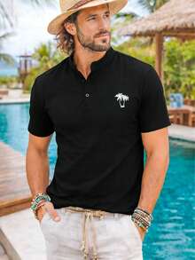 男士新款亨利领创意短袖T恤 - 黑色 - 查看 1