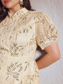 Simplee 大码女装夏季新款亮片网纱刺绣短袖收腰连衣裙，适合派对、婚礼、生日等场合，优雅大方。 - 杏色 - 查看 3