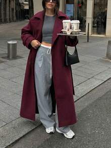 Women's Classic Double-Breasted Wool Coat, Winter New Arrival - Burgundy - View 6