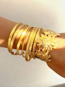 8 peças/7 peças/1 peça Conjunto de Pulseiras Vintage Elegantes de Girassol Esculpidas com Textura de Metal Martelado, Ajustáveis, Uso Simples e Multicamadas, Adequado para Mulheres, Festa de Praia de Verão, Festival de Música, Presente de Encontro, Joias para Uso Diário - Ouro amarelo - Visão 2