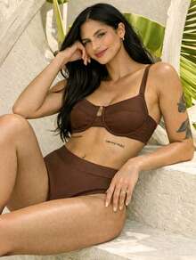 Women's Summer Fashion Half-Cup Bikini Set With High Waist And Adjustable Ties - Rust Brown - View 2