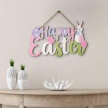 2D Flat, 1pc Easter Bunny Wooden Door Hanger - Colorful "Happy Easter" Decor With Rabbit & Floral Patterns, Traditional Faux Wood Ornament, No Power Needed Spring Festival Home Decor, Holiday Wall Hanging With Rope - Multicolor - View 6