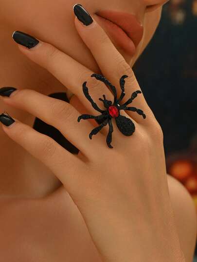 哥特风万圣节美学黑色蜘蛛红色水晶开口戒指，适合化妆舞会和恐怖主题活动 | 个性十足的配饰