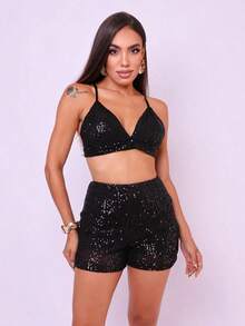 Women's Sequined Glitter Shorts For Parties/Debutantes - 黑色 - 查看 4