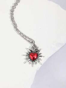 Y2K复古哥特朋克摇滚风红心宝石玫瑰十字心红宝石蜘蛛剑吊坠项链不锈钢链个性化嘻哈项链套装可叠戴，男女皆宜 - 銀色 - 查看 7